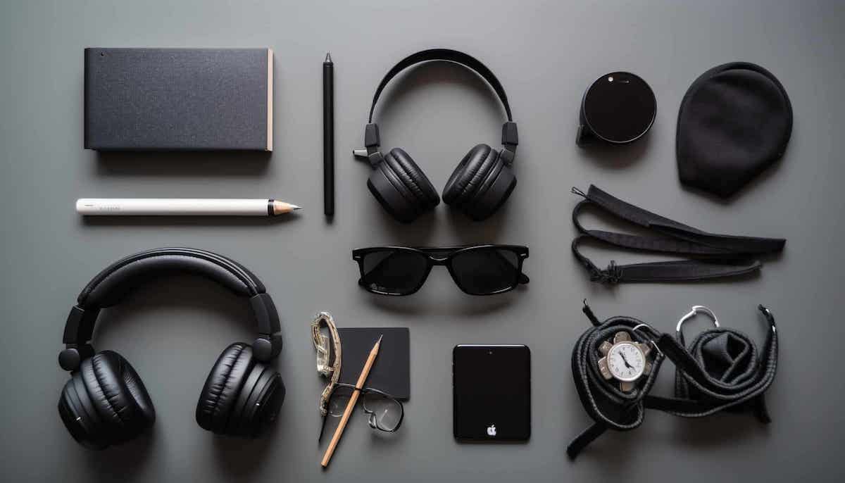 Collage di gadget tech economici del 2025, tra cui auricolari wireless, smartwatch, lampada smart e power bank